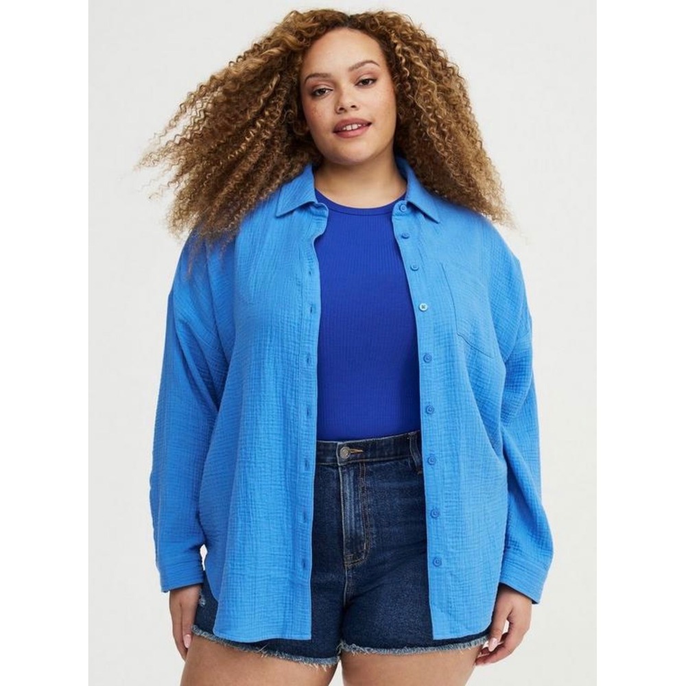 Torrid Blue Double Gauze Cotton Button Down Shirt Plus Size 5 Coastal Boho Beach